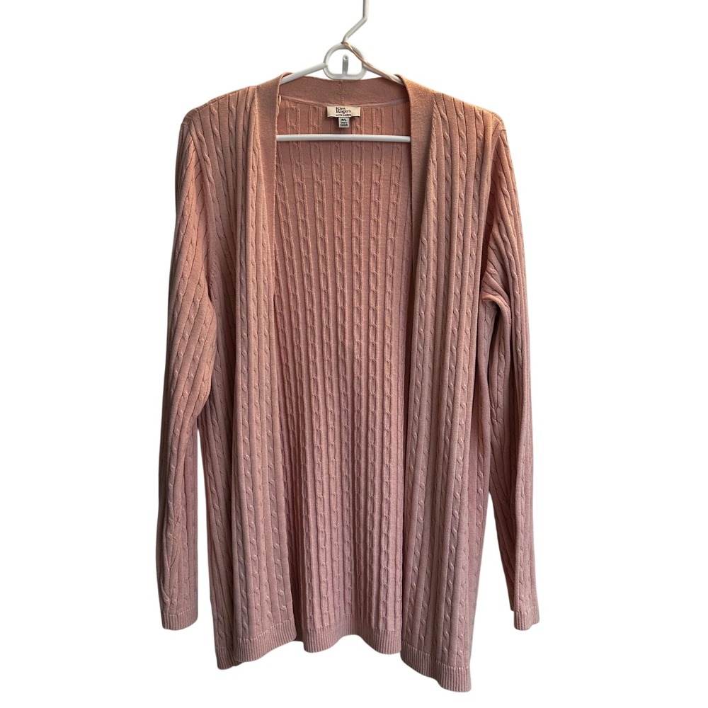 Kim Rogers Women Petite Large Pink Cable Knit Cotton Open Front Cardigan Sweater
